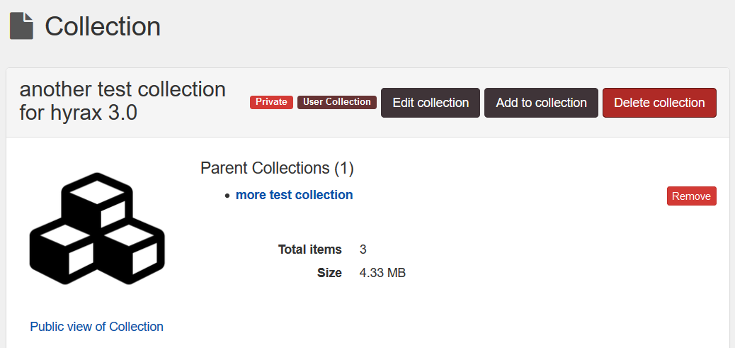 detail of collections page, showing edit collection, add to collection and delete collection buttons